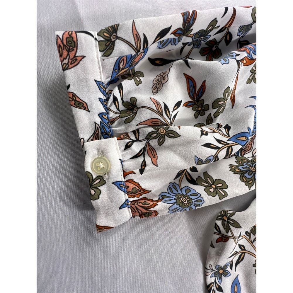 LOFT Womens Floral Ruffle Neck Blouse Small Long Sleeve Keyhole Top White - Picture 10 of 13